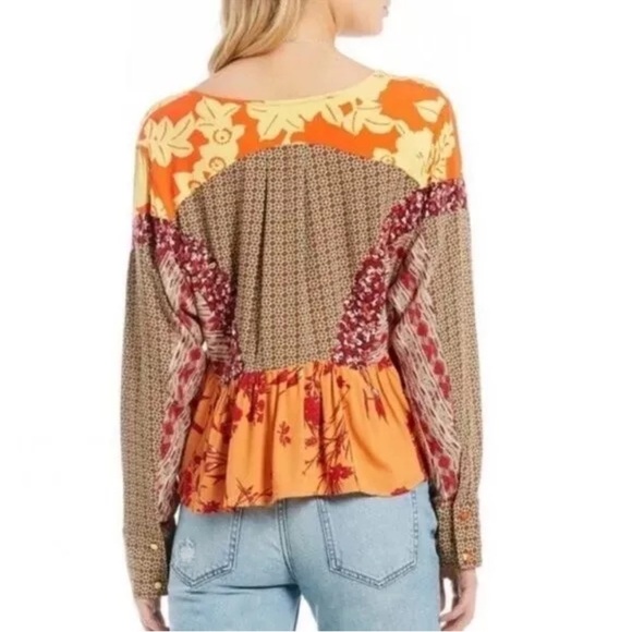 Free People Women's Floral Patchwork Boho Blouse V-Neck Long Sleeve S Flowy - Picture 2 of 11